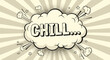 © Urmila - Relaxing chill text in a vintage comic speech bubble with smoke clouds on a sepia toned radial sunburst background.