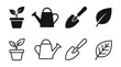 © Hikari Vector Studio - Set of gardening icons, including potted plant, watering can, shovel, and leaf, in solid and outline styles