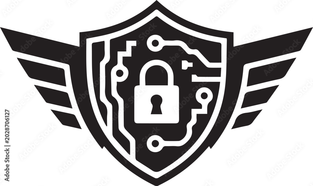 Black and white shield icon with lock and circuit board design elements ...