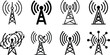 © Mst Ambia - Radio tower signal icon set showing broadcast antenna wireless communication telecom network and cellular transmission in black white vector style