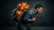 © Masque - A man burdened by a conceptual backpack filled with glowing stones representing heavy emotional weight.