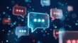 © Masque - Creative GPT chat hologram with speech bubbles on a blurred blue background representing artificial intelligence.
