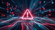 © Masque - Abstract digital network with a glowing red warning sign indicating system overload.
