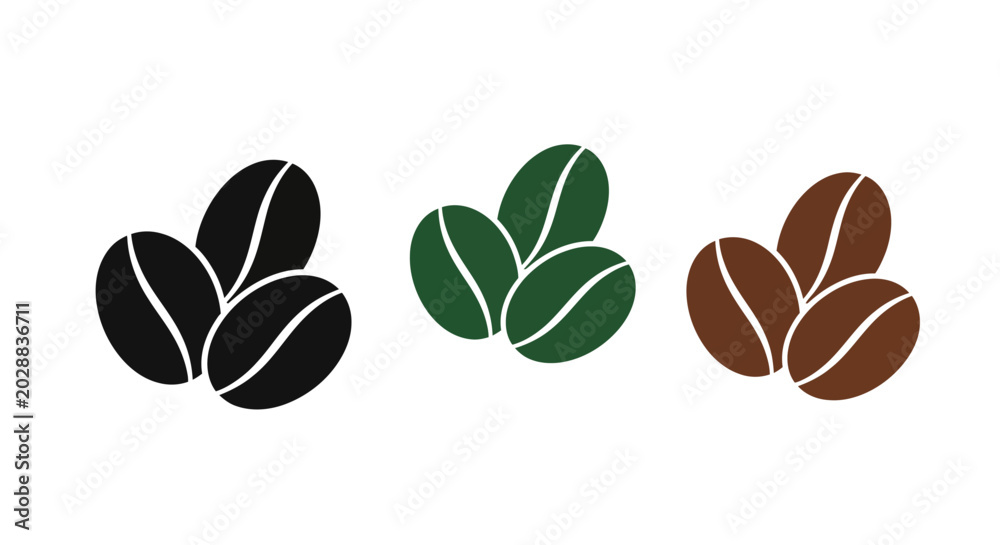 Elegant Trio of Coffee Bean Icons in Different Colors for Creative ...