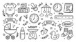 © Dedeh - Baby shower and birth announcement doodle icons set featuring hand drawn stroller, bodysuit, blocks and nursery elements, representing newborn celebration, illustrating nursery scrapbooking