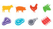 © 0 - Assortment of colorful farm animal and meat product icons with farm animals meat products butchery