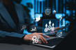 © Sandwish - AI productivity automation and business workflow optimization concept. Professional using laptop with growth arrows, analytics, target, cloud, brain icons. intelligent task management, efficiency