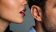 © ArtFocus Studio - Close-Up of a Woman with Red Lipstick Whispering a Secret into a Man's Ear, Sharing Gossip or Intimate News, Conceptual Image of Communication and Rumors.
