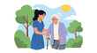 © Amie - Modern flat vector illustration of young woman helping elderly grandmother walk in sunny park showing caregiving support and family connection