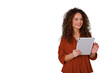 © Komora - Professional woman with curly hair smiling and holding a tablet, communicating with technology, transparent background