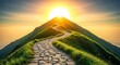 © Paul - A winding stone path leads up a steep green mountain toward a glowing golden sun representing growth, achievement, and positive evolution, staircase, achievement, development