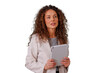 © Komora - Professional business woman holding tablet, presenting information, discussing strategy, on transparent background