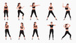 © MarioSergio - Collage of a woman practicing fitness and aerobics exercises in various poses.