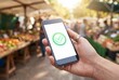 © AdPremium - Close-up of a hand holding a smartphone with a green checkmark icon on the screen at a sunny outdoor farmers market, representing successful mobile payment or digital verification