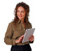 © Komora - Professional woman using digital tablet, smiling and looking away, standing on transparent background