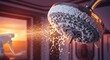 © ABD - Cleaning thick limescale off a chrome shower head with a spray bottle in warm golden sunset lighting