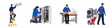 © Rizki - Professional HVAC Technicians Performing Installation, Maintenance, and Repairs on Air Conditioning and Heating Systems in Various Work Scenarios Isolated on White