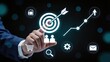 © Michael - Business strategy concept with holographic target and arrow, growth graph, startup icons, digital interface screen, professional hand touching virtual button, success planning and