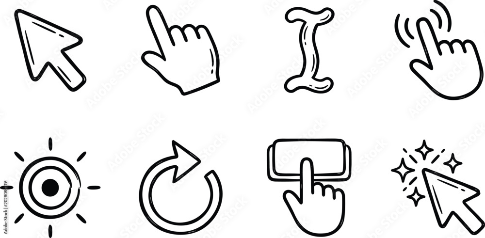 Computer Mouse Cursor and Hand Pointer Doodle Vector Icon Set with ...