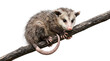 © emyillustrator - Young Virginia Opossum Climbing a Branch, a North American Marsupial with Gray Fur and Prehensile Tail, Isolated on a Clean White Background