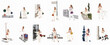 © Ricardo - A set of flat vector illustrations featuring a fashionable woman in elegant white outfits posing in various urban settings with designer handbags.