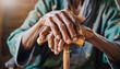 © Murda - Close-up of elderly hands resting on a wooden cane.