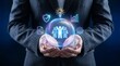 © MST. Anjumanara - Corporate leader holding holographic team icons with business success symbols and innovation lightbulb representing leadership human resources and company culture