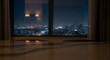 © Nadhiff Farm - Night Cityscape Through Large Window Reflection, Urban Skyline at Dusk, Interior View
