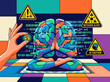 © Baginda - Human hand controls AI brain with warning signs, binary code, and digital data interface.