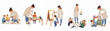 © Papat - Flat illustration set of a female teacher engaging in creative art and painting activities with toddlers in a preschool or daycare setting.