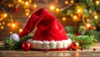 © Gono - A Santa hat surrounded by Christmas decorations on a wooden table