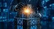 © AI - Hands in black gloves carefully stacking glowing circuit board cubes, symbolizing technology, innovation, and building the future.