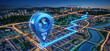 © Sim - A 3D rendering showcases a GPS location pinpoint on a vibrant cityscape at night. A blue, glowing path extends from the pinpoint, guiding viewers through a detailed, illuminated urban environment.