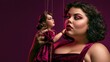 © Elena - Dramatic conceptual portrait of a plus size woman in a velvet dress holding and interacting with a classic vintage marionette puppet
