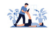 © Puspita - Professional physiotherapist assisting a male patient with stretching exercises and rehabilitation in a clinic.