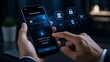 © Technolog - A person holding a smartphone with a secure payment app on the screen and icons related to finance and security floating above it