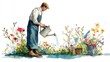 © Nurul - A person wearing a cap and overalls waters a vibrant, colorful flower garden from a metal watering can, creating a cheerful, watercolor-like scene