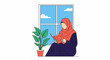 © angsa - A person in a hijab reads a book by a window with a potted plant