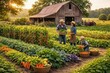 © Leonardo - Granja orgánica de propiedad familiar con una variedad de verduras y un granero rústico al fondo