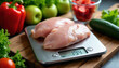 © Vadym - Raw chicken breasts on digital scale for portion control. Healthy food prep with fresh vegetables like peppers apples and cucumber. Dieting nutrition for fitness goals.