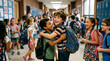© logonv - Diverse group of happy children hugging in school corridor. Friends celebrating friendship and reunion at primary school after break. Academic education, back to school concept.