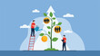 © Liam - Professional workers watering a growing tree with human figure fruits symbolizing talent development and human resource management.