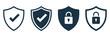 © Mizu Ahmed 1 - Security shield icon set, protective shield symbols with padlock and check mark, vector illustration for cybersecurity protection, data safety branding, and digital security interface design.