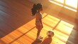 © Mpi - Young girl in sports uniform with soccer ball standing in sunlit room, dream, aspiration, childhood, hopeful mood