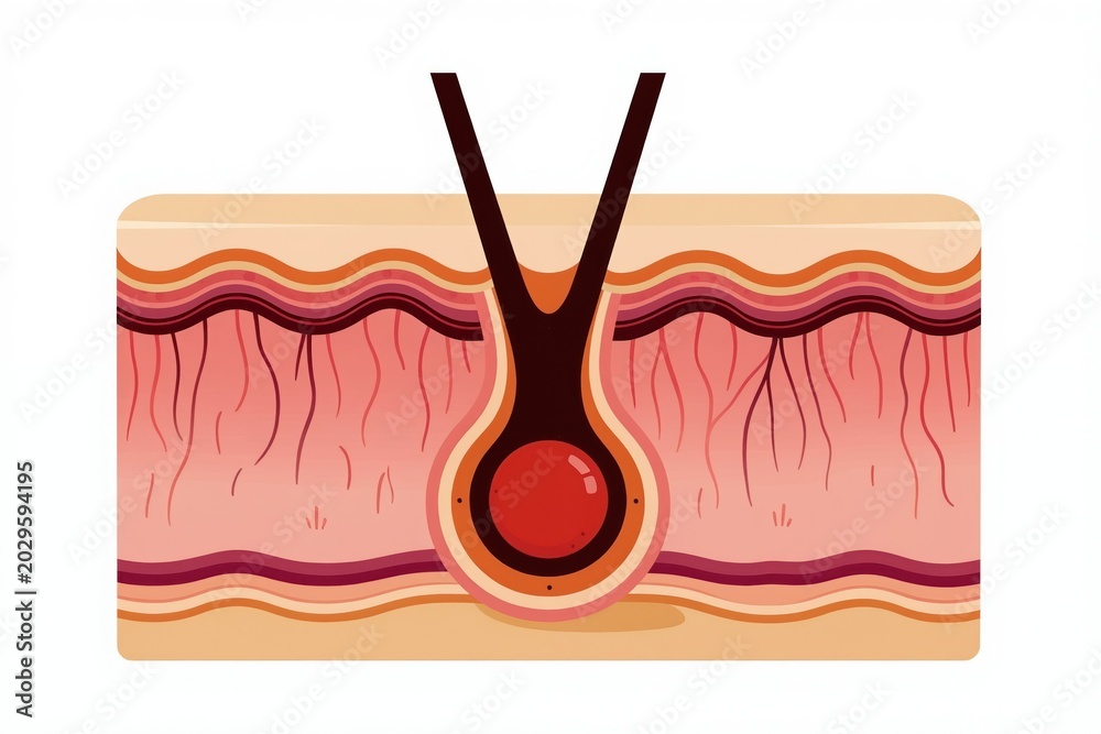 Skin cross section shows hair follicle anatomy with dermal layers ...