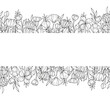 © Катерина Тышковская - Botanical ink wedding seamless borer with wildflowers on white background. Hand drawn outline flowers and greenery branch. Line art for wedding invitation, greeting birthday cards.