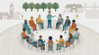 © KendraFZ - A vibrant flat design illustration portraying a community dialogue session, where diverse individuals engage in open communication to discuss local issues and foster collective understanding.