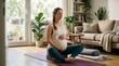 © Eve - Smiling pregnant woman practicing meditation on yoga block at cozy home. Prenatal wellness, mental health and active lifestyle concept for commercial stock photography.