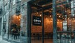 © Moni - Open sign on a cafe door with glass walls and brick interior restaurant glass door brick wall