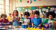 © youns - Happy diverse children playing musical instruments and singing in a vibrant classroom